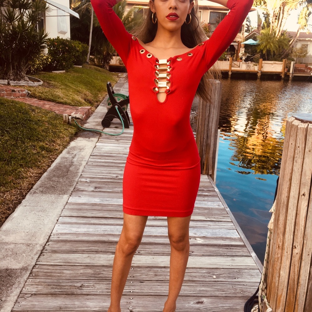 Red stretch Dress with Gold Grommets